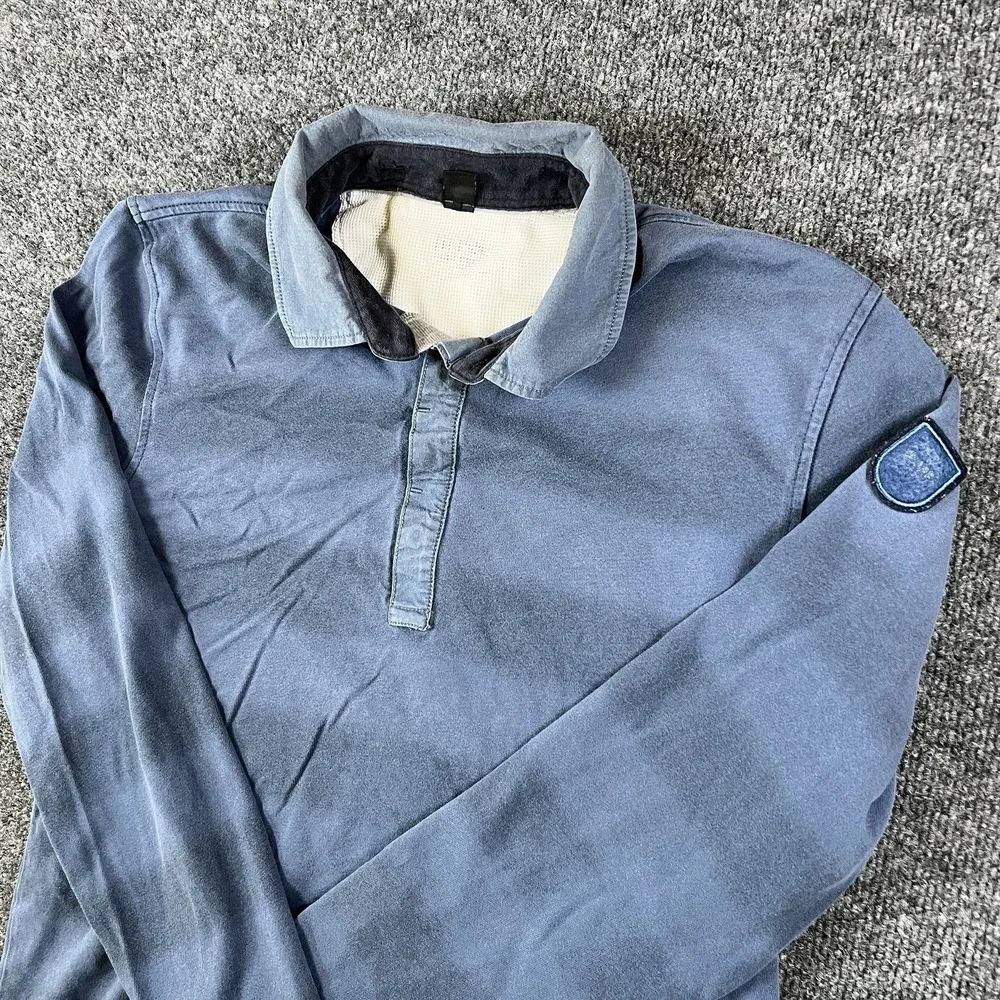 Hugo Boss Men's Long Sleeve Rugby Polo Shirt L Blue Striped Patch Logo